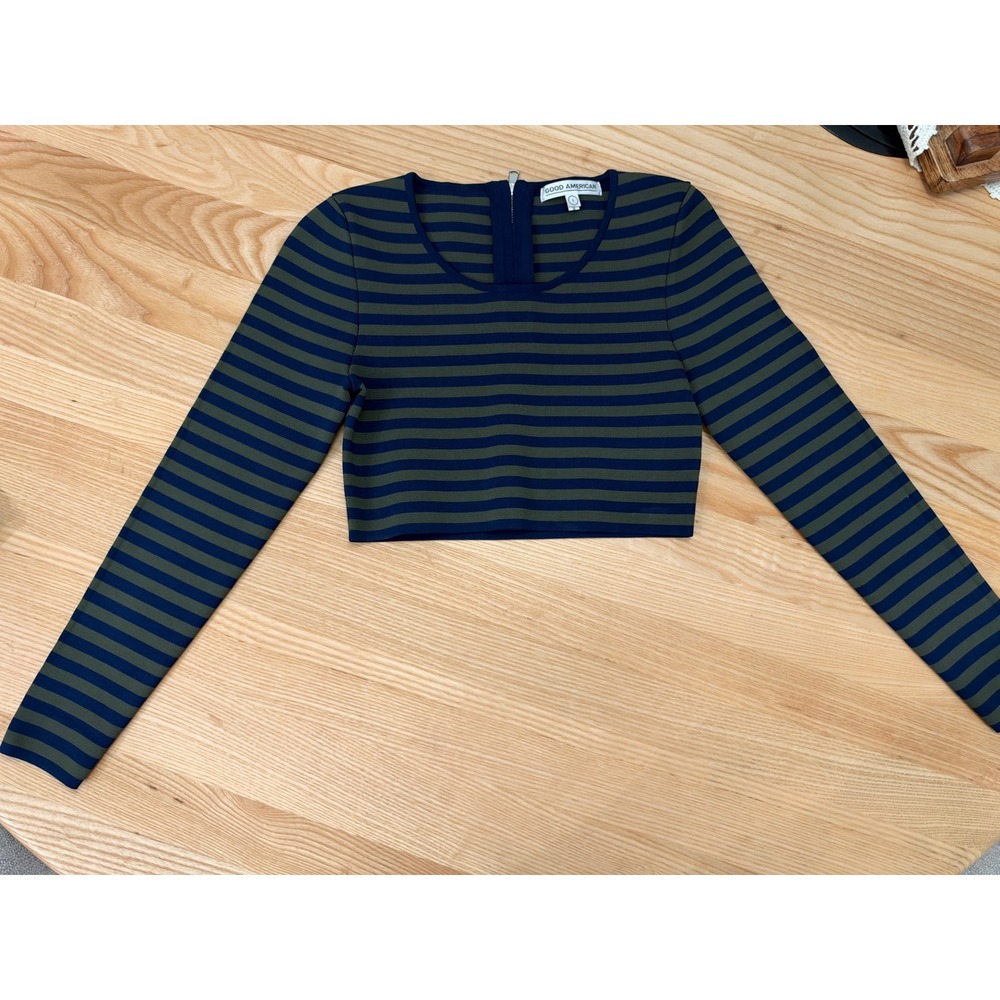 Good American Womens Striped Long Sleeve Crop Top Navy Olive Green Size 1 S